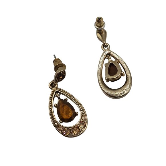 Women's Unsigned Gold-Tone Tear Dangle Drop Brown Rhinestone Stud Earrings - Picture 5 of 10